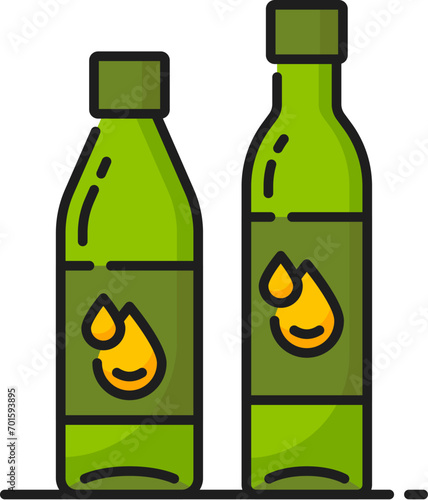 Rapeseed, canola oil icon, isolated vector linear sign of two green bottles with a yellow drop labels, holding pure, extra virgin golden oily production, a kitchen essential for cooking and baking