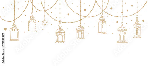 Ramadan karem arabian lantern and lamps border. Mosque old lantern underline, Middle East ancient gas lamp or Turkish antique kerosene hanging on chains lights vector divider, border or spacer