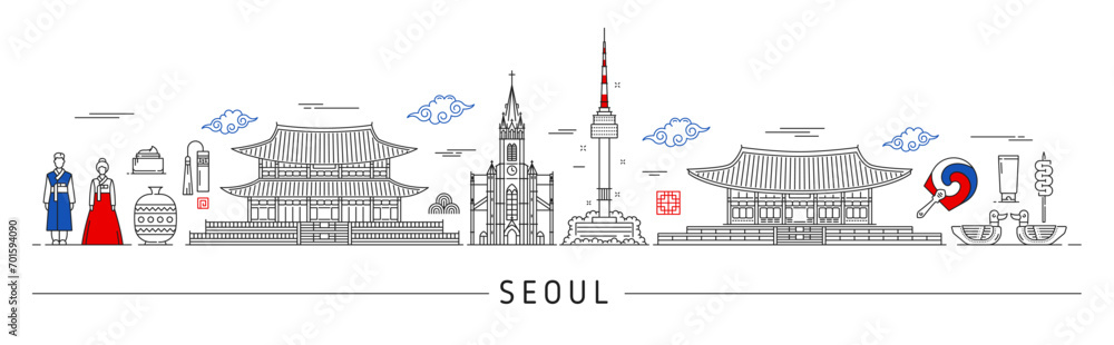Seoul silhouette, Korean travel landmarks and city skyline in vector line. South Korea travel and Seoul panorama buildings, architecture cityscape, people in traditional costumes and Korean landmarks - obrazy, fototapety, plakaty 