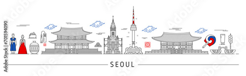 Seoul silhouette, Korean travel landmarks and city skyline in vector line. South Korea travel and Seoul panorama buildings, architecture cityscape, people in traditional costumes and Korean landmarks photo