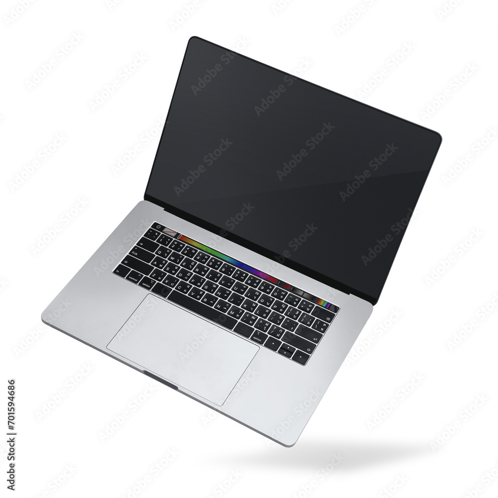 Hovering new model laptop with blank screen on transparent background PNG