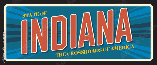 Indiana United States retro travel plate, state of crossroads of America. Vintage vector banner, signs for touristic destination. Antique signboard with typography plaque, Indianapolis capital