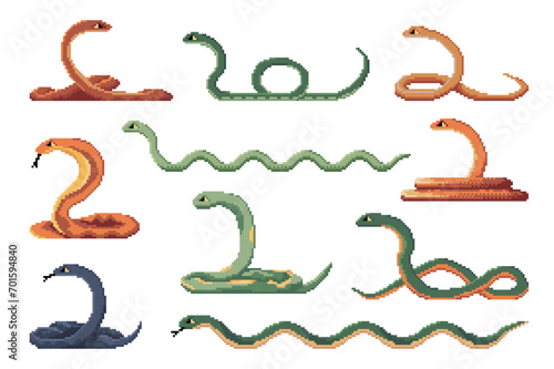 8 bit arcade game pixel snakes or reptile characters, vector cartoon icons. Video game 8bit pixel art cobra serpent, anaconda or python and viper with poisonous tongue for arcade game GUI elements