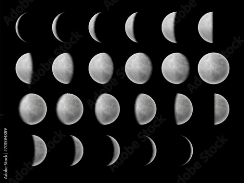 Crescent moon phases and lunar planet stage cycles in sky, vector space symbol. Realistic moon phases of full, half and quarter, new moon and eclipse for astrology calendar on black night background