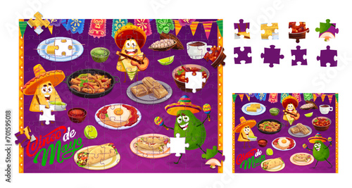 Mexican cuisine jigsaw puzzle game pieces. Form find puzzle quiz, shape match game vector worksheet with Tex Mex nacho chips, avocado, burrito, enchilada ad tamale, huevos rancheros, fajitas meals