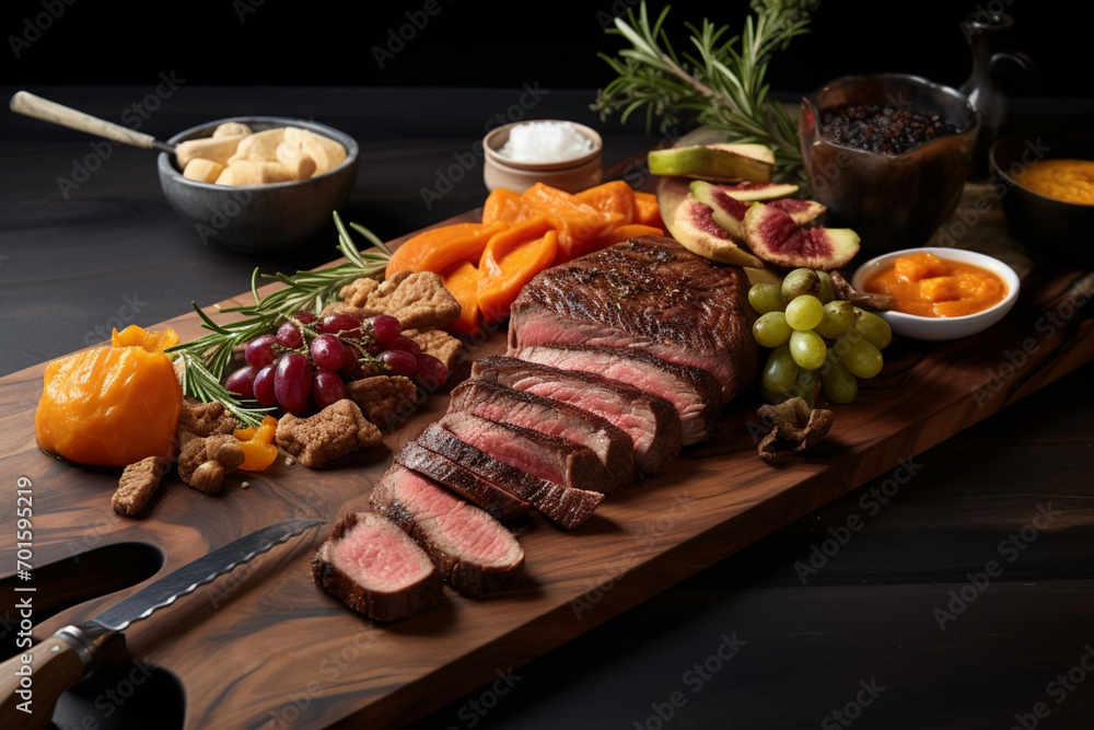 Steak on wooden plate with chips and potato. Steak on wooden plate with chips and potato.