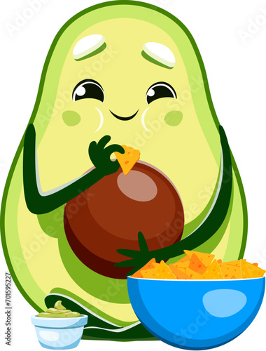 Cartoon avocado character eating nachos chips, vector emoji emoticon. Cute funny smiling avocado with nacho chips and guacamole salsa sauce dip in bowl for Mexican cuisine food or snack package