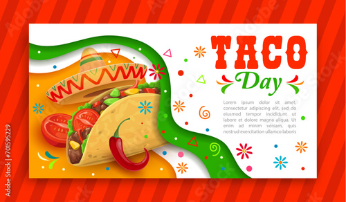 Mexican tacos day paper cut banner. Mexican takeaway food restaurant poster, Mexico cuisine holiday party or Tex Mex fastfood meal day celebration vector flyer with taco, chili, tomato and sombrero