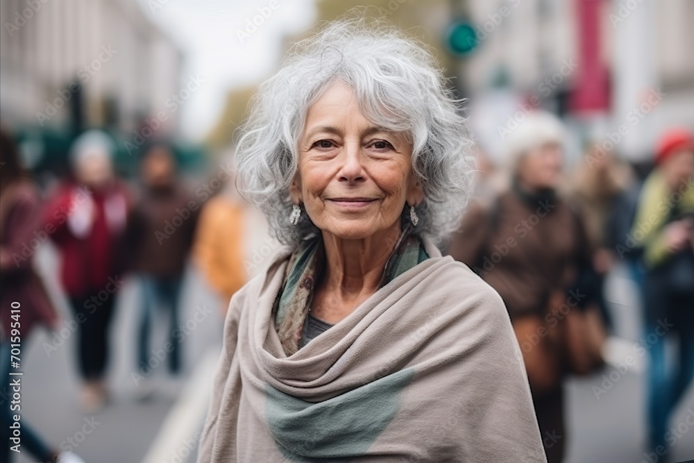 Portrait of an elderly woman with grey hair on a city street Portrait of an elderly woman with grey hair on a city street