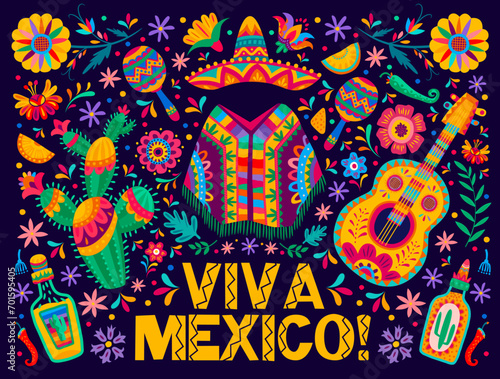 Viva Mexico banner with sombrero, guitar and poncho, Mexican holiday fiesta vector background. Tequila with lime, maracas and chili or jalapeno peppers in colorful tropical floral pattern ornament