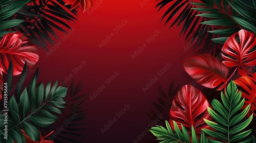Collection of tropical leavesfoliage plant in Red background. Generative Ai