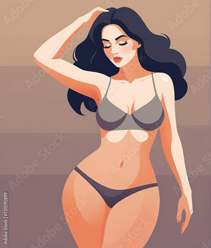 Confident Woman - Simplistic flat art style close-up portrait illustration of a sexy dancing woman stepping out with cellulite and a beautiful face Gen AI