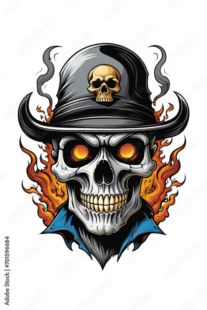 Skull with a hat and flames on a checkered background 