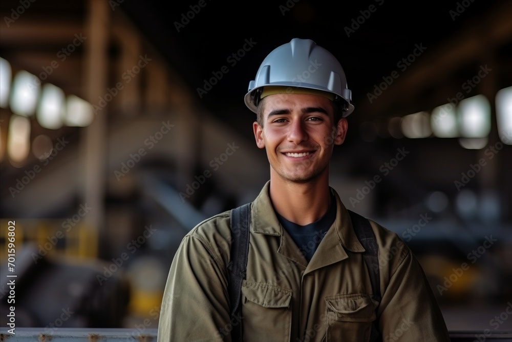 Portrait of a smiling factory worker in front of a factory building Portrait of a smiling factory worker in front of a factory building