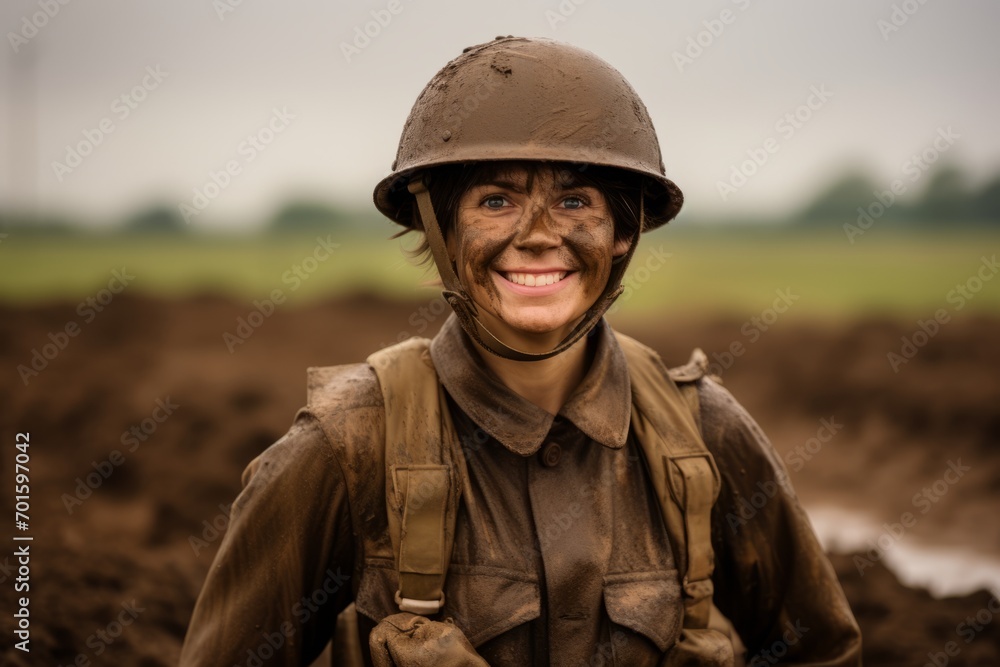 Post-apocalyptic woman in military uniform and helmet on the field