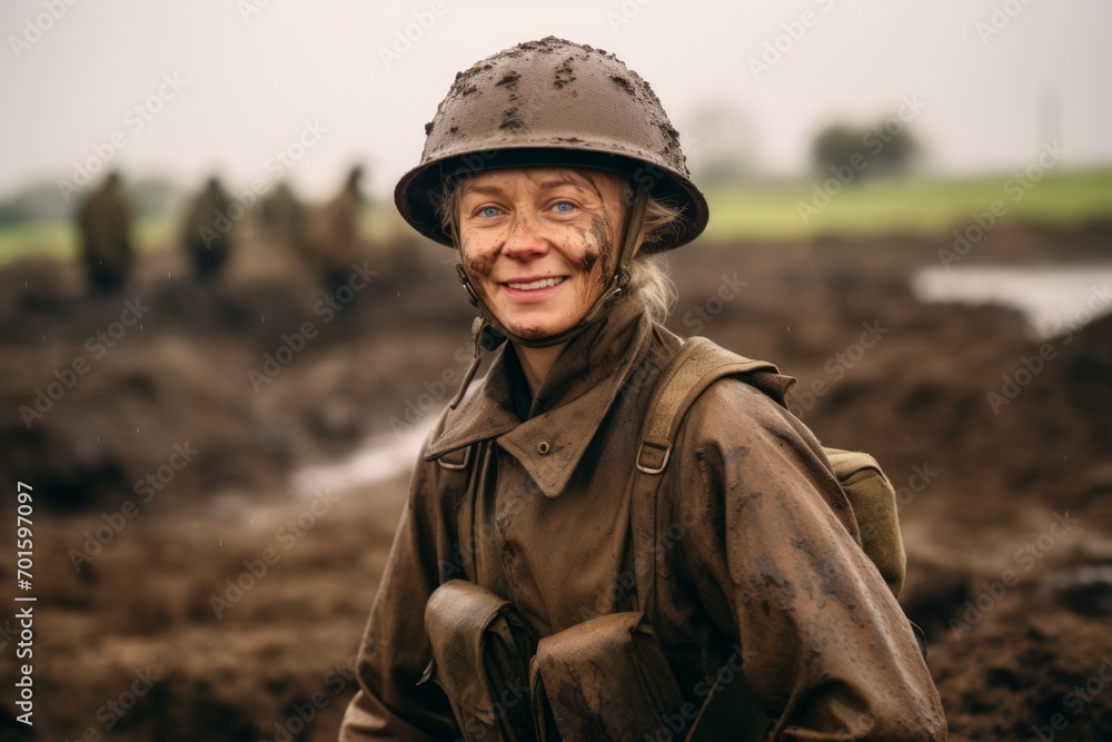 Portrait of an elderly woman in WW2 military uniform on the battlefield. Portrait of an elderly woman in WW2 military uniform on the battlefield.