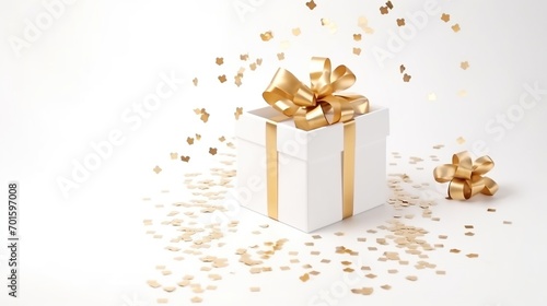 free photos white gift box decoration Happy New Year and Merry Christmas. with gold ribbon and gold sequin confetti on white background. Used for templates or backgrounds, banners. © @desy