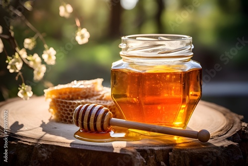 The photograpy of a honey jar and honeycomb with with wooden dipper
