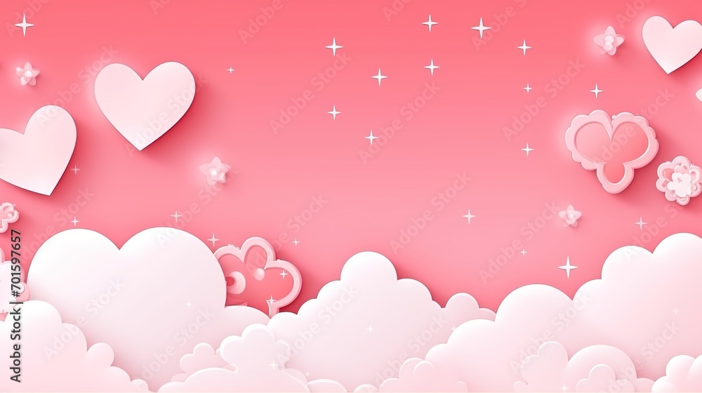 Happy Saint Valentine's day card, horizontal banner with paper cut clouds and holiday objects on pink background. Glittering hearts, stars and flowers. Place for text. Generative Ai