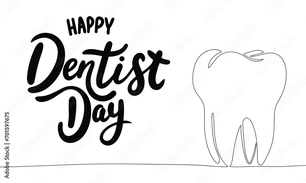 Happy Dentist Day text banner. Handwriting text Dentist Day with line art tooth. Hand drawn vector art