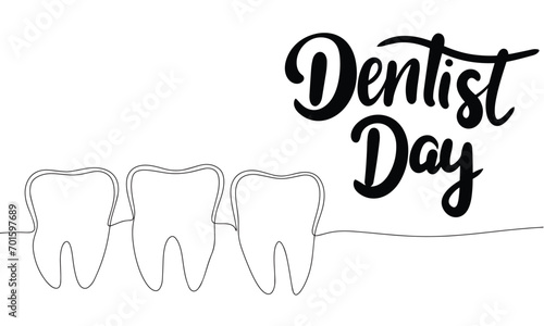 Happy Dentist Day text banner. Handwriting text Dentist Day with line art teeth. Hand drawn vector art
