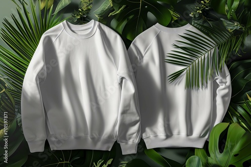 Design mockup white blank sweatshirt front and back view, tropical leaves in the background © World of AI