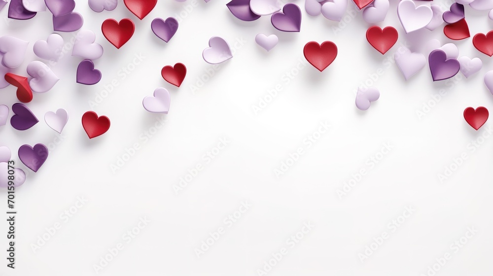 Happy valentine's day background with border frame with falling 3d hearts, red and purple colored hearts on white background with place for text. Generative Ai Happy valentine's day background with border frame with falling 3d hearts, red and purple colored hearts on white background with place for text. Generative Ai