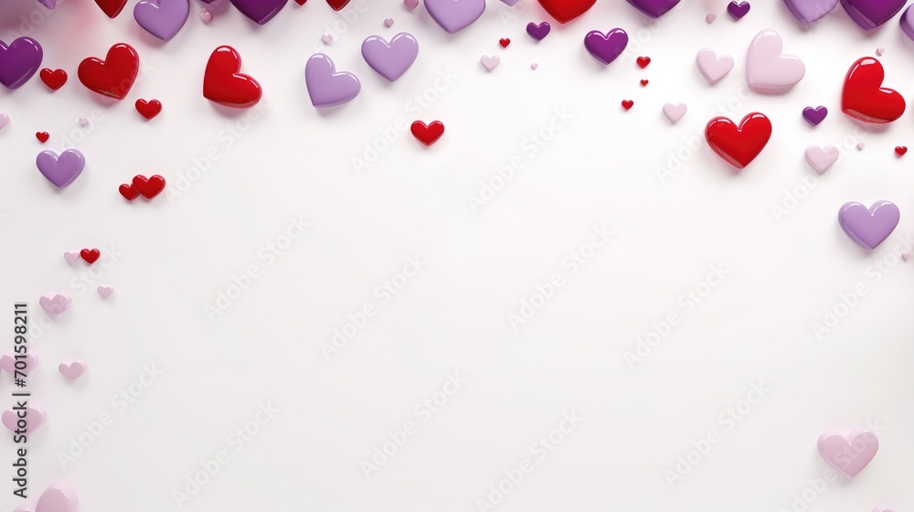 Happy valentine's day background with border frame with falling 3d hearts, red and purple colored hearts on white background with place for text. Generative Ai