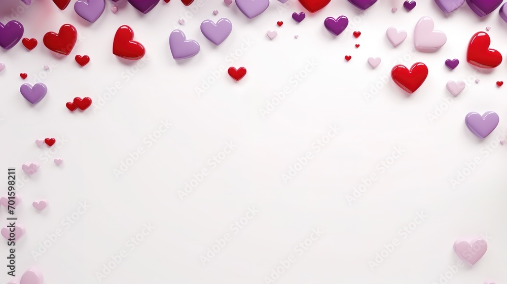 Happy valentine's day background with border frame with falling 3d hearts, red and purple colored hearts on white background with place for text. Generative Ai Happy valentine's day background with border frame with falling 3d hearts, red and purple colored hearts on white background with place for text. Generative Ai