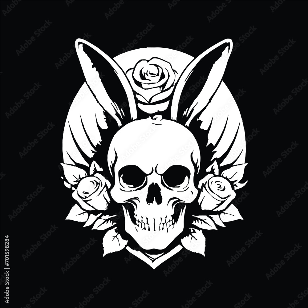 illustration of a skull with ears of a rabbit and roses illustration of a skull with ears of a rabbit and roses