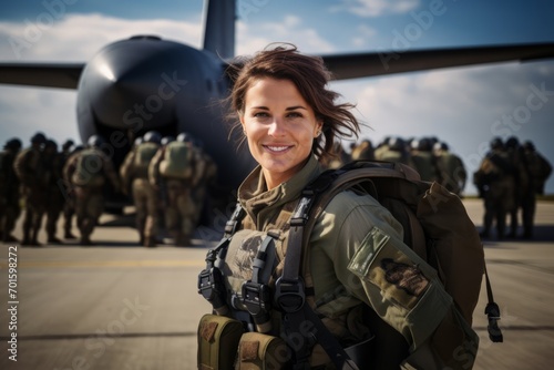 Portrait of a beautiful woman soldier in front of a military airplane