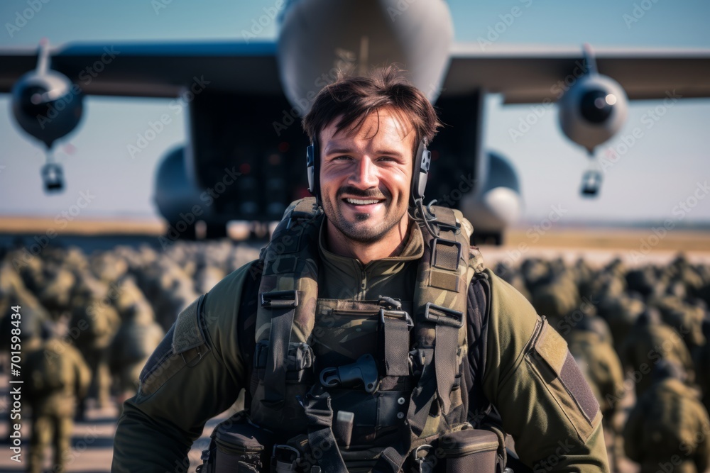 Portrait of smiling soldier in military uniform standing in front of airplane