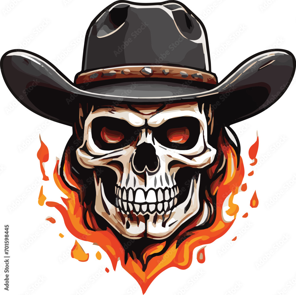 Skull in cowboy hat with red roses on fire.