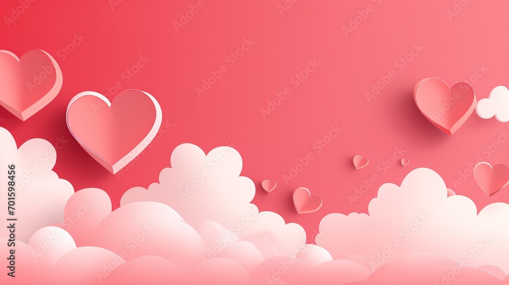 Happy Valentine's day blank background, beautiful paper cut clouds with 3d red hearts on pink background. Vector illustration. Papercut style. Place for text. Generative Ai