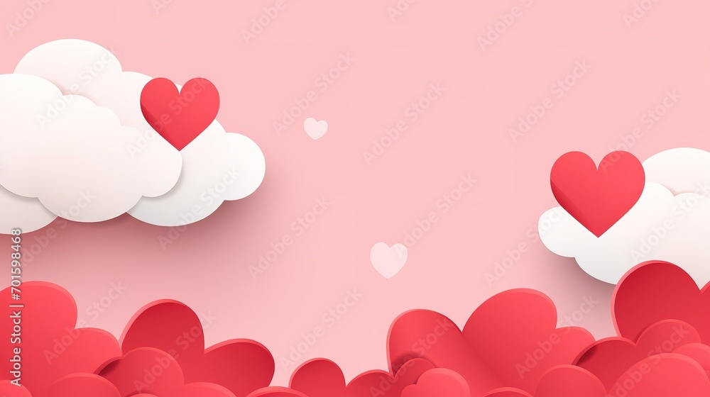 Happy Valentine's day blank background, beautiful paper cut clouds with 3d red hearts on pink background. Vector illustration. Papercut style. Place for text. Generative Ai