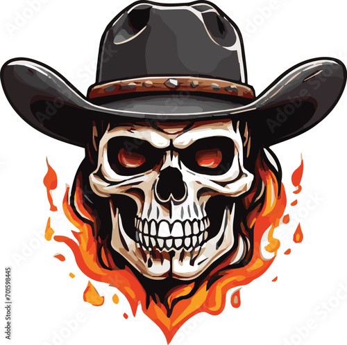 Skull in cowboy hat with red roses on fire.