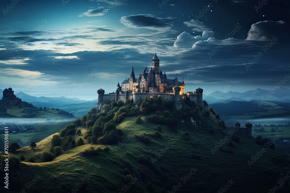 Obraz premium Fantasy landscape with castle on the hill at night. 3d rendering, AI Generated