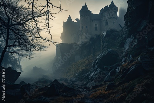 Mysterious foggy castle in the mountains. Fantasy landscape, AI Generated