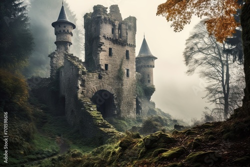 Fantasy landscape with ruins of ancient castle in foggy valley, AI Generated