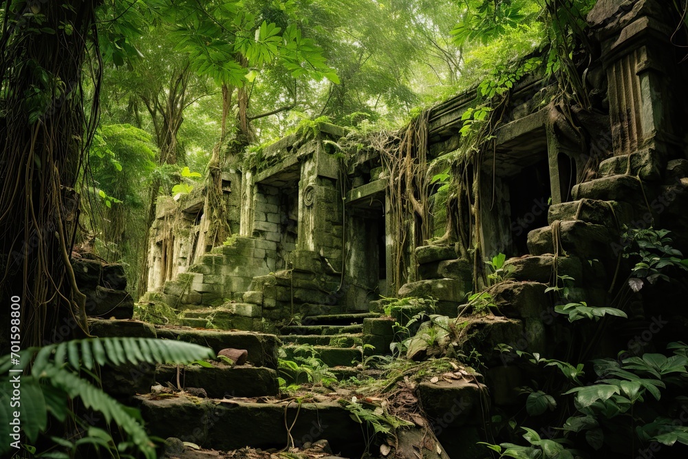 Ruins of Beng Mealea temple in Cambodia, Siem Reap, AI Generated - obrazy, fototapety, plakaty 