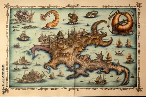 Vintage map of the ancient world with dragons and ships in the background, AI Generated