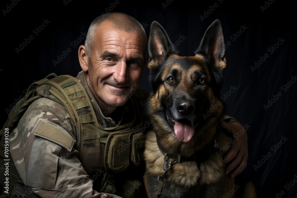 Soldier with his dog on a black background. Studio shot. Soldier with his dog on a black background. Studio shot.