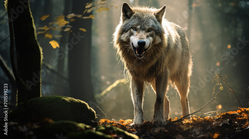 Lone gray wolf prowling in a dark forest, menacingly snarling to assert it's dominance