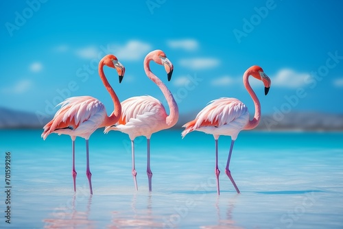 Group birds of pink african flamingos  © capuchino009