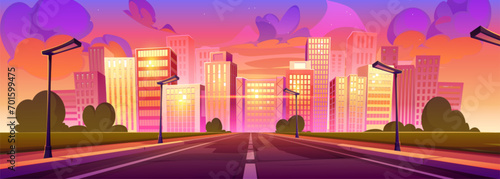 Modern city highway in lights of morning sunrise. Vector cartoon illustration of urban road perspective  office and housing skyscraper buildings  bright yellow sunlight flare in air  blank nameplate