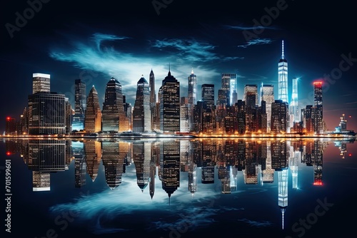 Shanghai skyline at night with reflection in Huangpu river,China, AI Generated