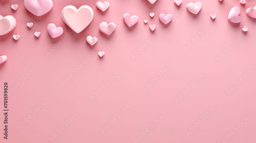 Hearts on pink background for Valentine days. copy space, 3d render. Generative Ai