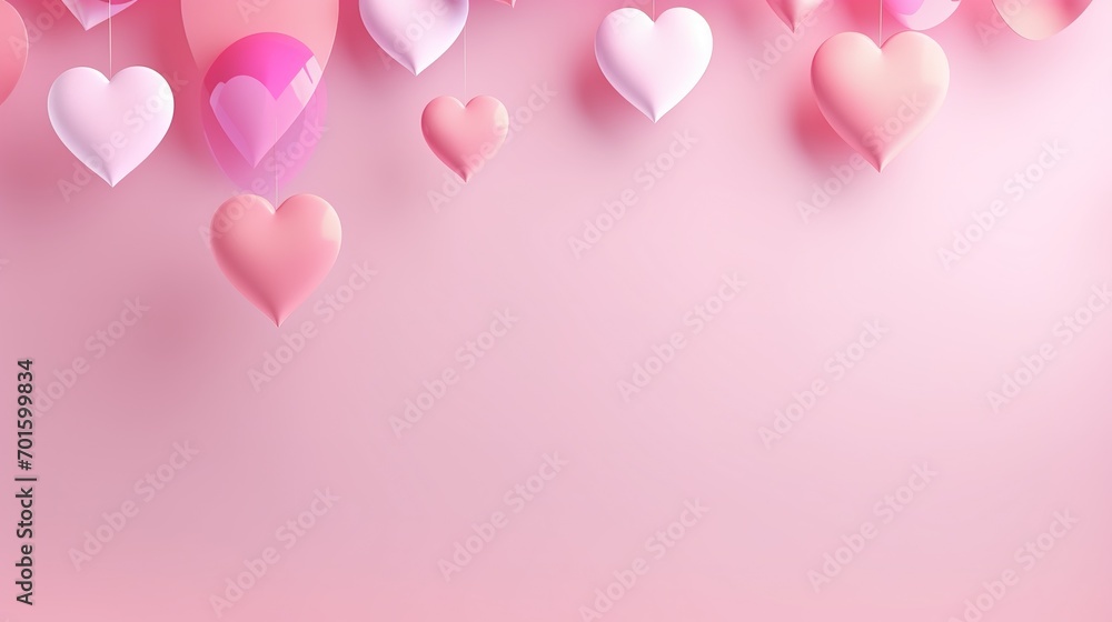 Hearts on pink background for Valentine days. copy space, 3d render. Generative Ai