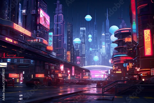 Futuristic city at night with neon lights. 3D rendering, AI Generated