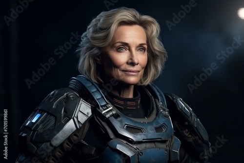 Portrait of a beautiful senior woman in armor over dark background.